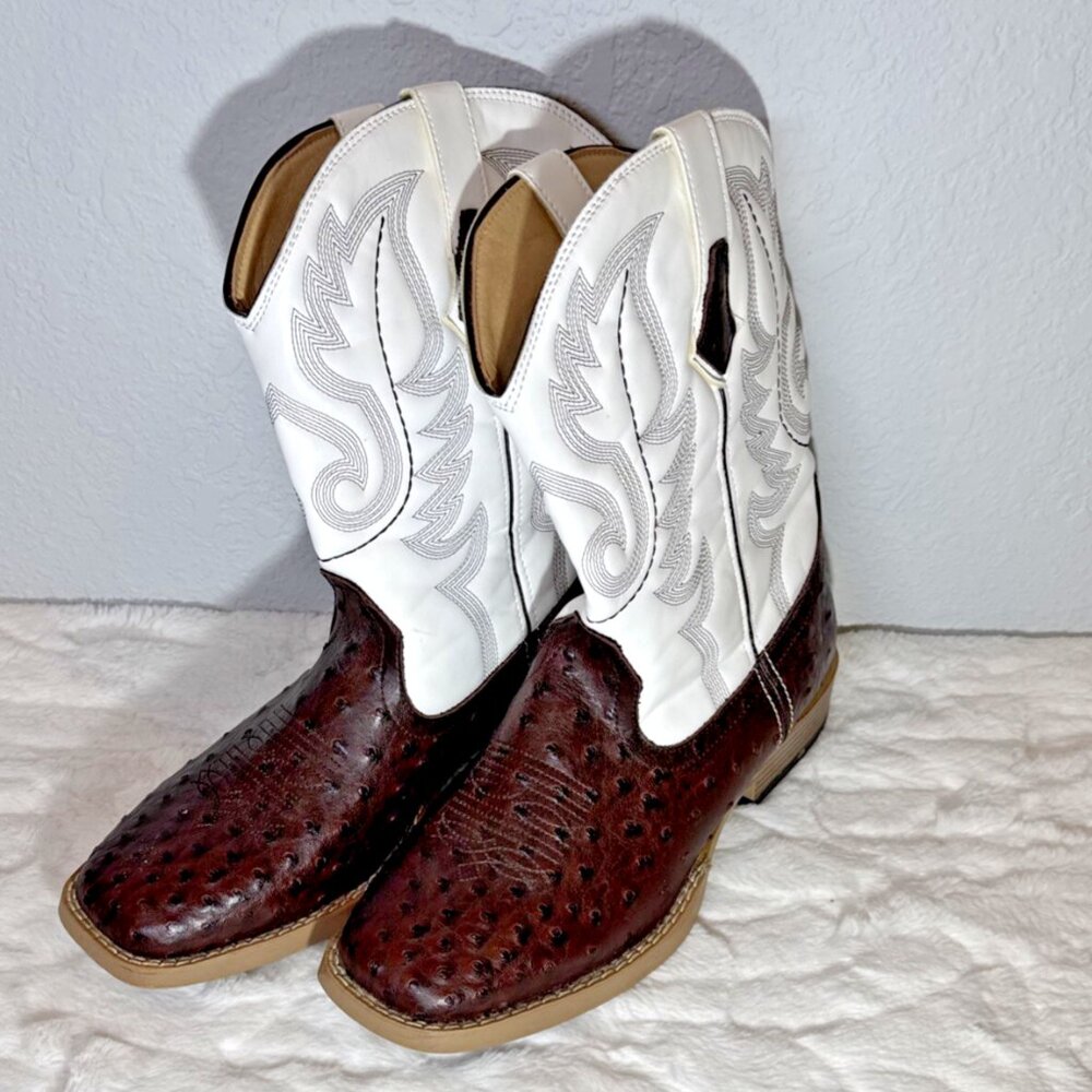 Roper White Shaft Brown Ostrich-Style Cowboy Boots